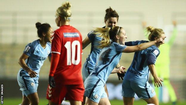 Keira Walsh (second right) of Manchester City Women celebrates her goal against Brondby