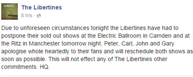 Libertines' Facebook post apologising for postponing shows