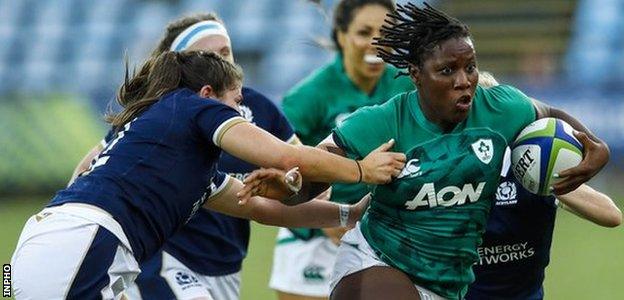 Linda Djougang breaks a tackle on her way to the game's opening try