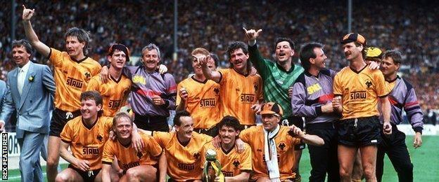 Wolves' winning Sherpa Van Trophy final line-up against Burnley in 1988 (back row, from left): Graham Turner (manager), Gary Bellamy, Andy Mutch, Barry Powell (coach), Phil Robinson, Jackie Gallagher, Mark Kendall, Paul Darby (physio), Ally Robertson, Steve Stoutt (sub). Front row: Robbie Dennison, Keith Downing, Nigel Vaughan, Andy Thompson, Steve Bull