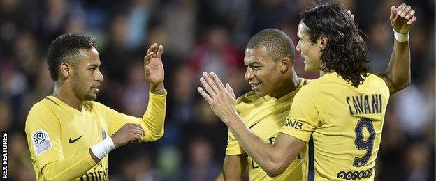 PSG's Neymar, Kylian Mbappe and Edinson Cavani