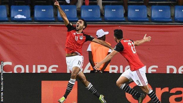 Egypt celebrate scoring against Morocco in the quarter-final of the Africa Cup of Nations final.