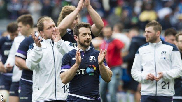 Greig Laidlaw and Scotland colleagues take the acclaim from the travelling fans in Rome