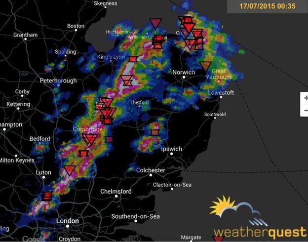 Radar image of storms across East Anglia