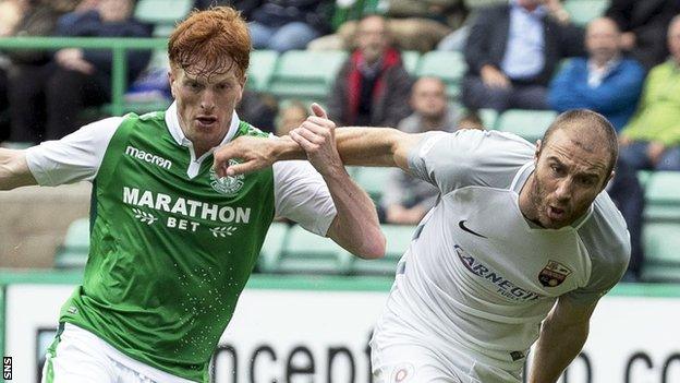 Montrose's Sean Dillon (right) battles with Hibs' Simon Murray