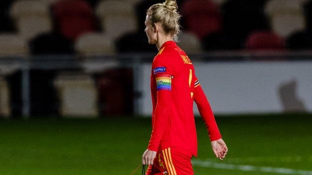 Wales captain Sophie Ingle wears a rainbow armband in support of the Rainbow Laces campaign, which aims to tackle homophobic, biphobic and transphobic attitudes in sport