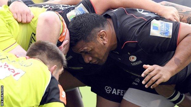 Mako Vunipola scrummages for Saracens