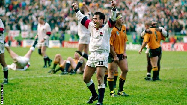 England centre Will Carling celebrates victory over Australia in the 1995 World Cup quarter-final