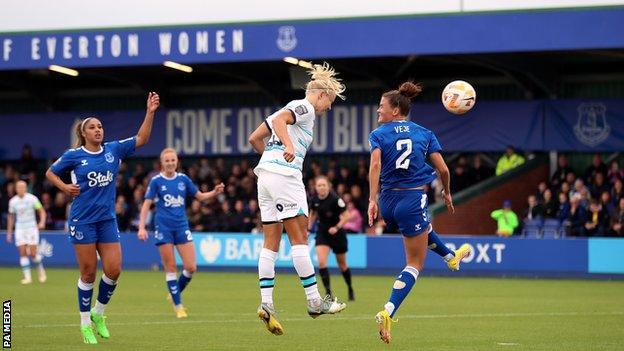 Pernille Harder heads Chelsea into the lead against Everton