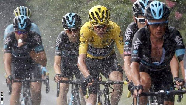 Chris Froome (in yellow) with Team Sky team-mates