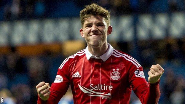 Ryan Christie celebrates victory for Aberdeen over Rangers at Ibrox