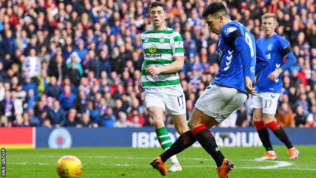 Ryan Jack scores for Rangers against Celtic in a 1-0 win at Ibrox in December 2018