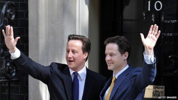 David Cameron and Nick Clegg in front of No 10 Downing Street