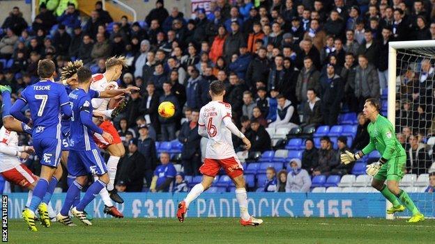 Marc Roberts headed Barnsley in front at St Andrew's with only his third goal for the club