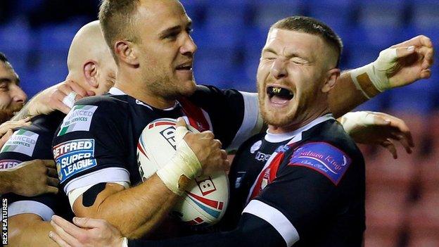 Salford celebrate Lee Mossop's try