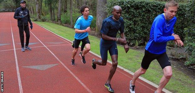 Alberto Salazar coaches Cam Levins of the Canada, Mo Farah of Great Britain and Galen Rupp