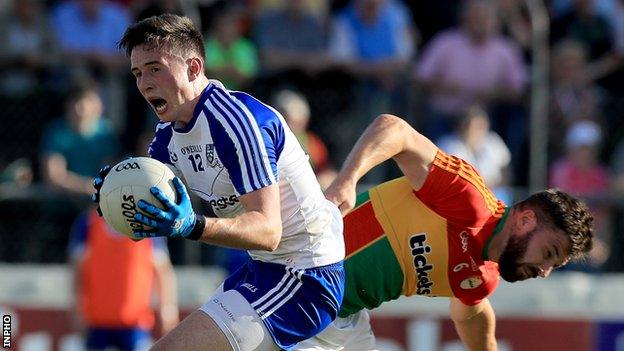 Monaghan's Shane Carey and Daniel St Ledger of Carlow in action at Cullen Park