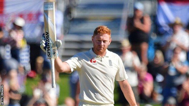 England's Jonny Bairstow celebrates reaching his century against New Zealand