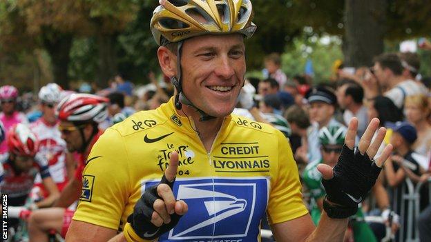 Lance Armstrong holds up six fingers to signify his six Tour de France wins to date