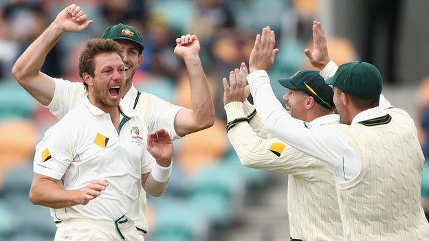 James Pattinson celebrates with his Australia team-mates