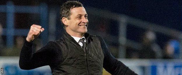 Manager Jack Ross celebrates St Mirren's recent 3-2 win at Queen of the South