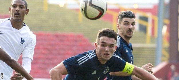 John McGinn plays for Scotland Under-21s against France