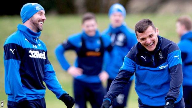 Kris Boyd and Lee McCulloch have a laugh in Rangers training