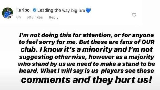 Connor Goldson's post on Instagram which reads: "I'm not doing this for attention, or for anyone to feel sorry for me. But these are fans of our club. I know it's a minority and I'm not suggesting otherwise, however as a majority who stand by us we need to make a stand to be heard."