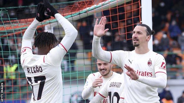 Zlatan Ibrahimovic celebrating with Rafael Leao