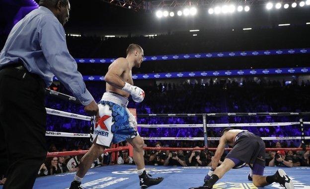 Sergey Kovalev knocks down Andre Ward in the second round