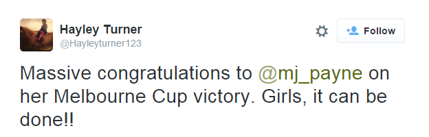 Tweet from British jockey Hayley Turner