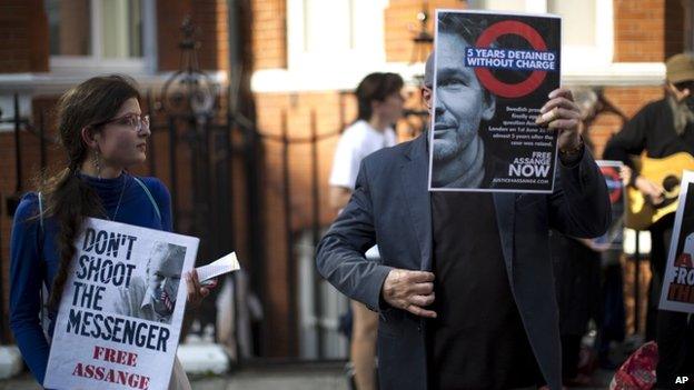 Julian Assange supporters outside the Ecuadorian embassy