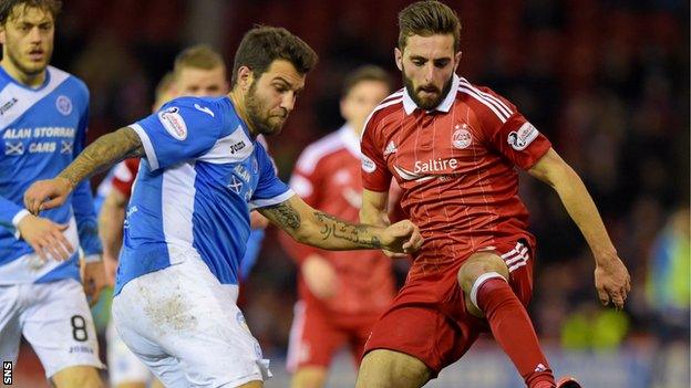 Graeme Shinnie moves in to tackle St Johnstone's Ricky Foster