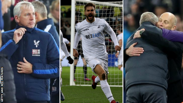 (Left to right) Palace manager Alan Pardew, Swansea striker Fernando Llorente and Swansea manager Bob Bradley