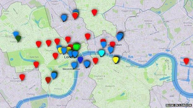 Map of recommended central London's busking spots - NOT TUBE