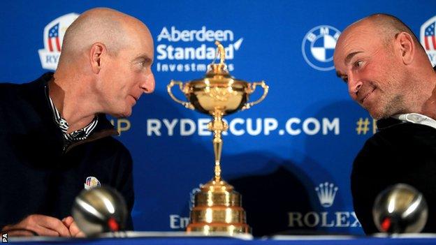 Jim Furyk (left) will lead the US Ryder Cup in 2018 when Bjorn (right) captains Europe