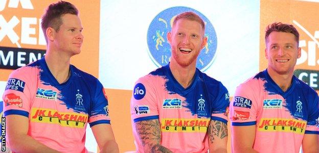 Steve Smith, Ben Stokes and Jos Buttler smile at an IPL launch event