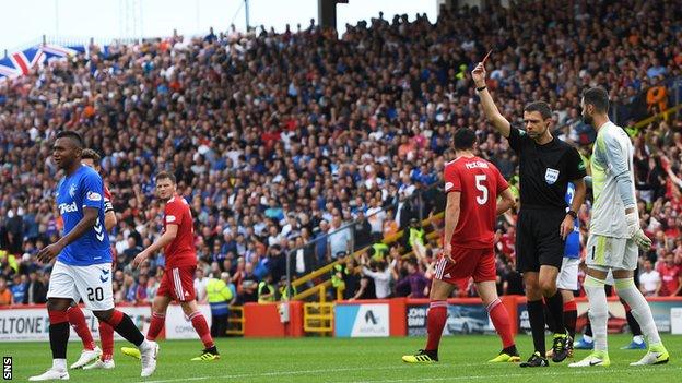 Rangers striker Alfredo Morelos is sent off against Aberdeen