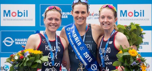 Non Stanford (far right) celebrates her Hamburg podium with winner Gwen Jorgensen and Vicky Holland