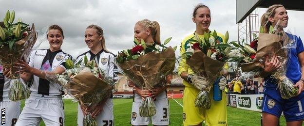 Ellen White (left), Laura Bassett, Alex Greenwood, Siobhan Chamberlain and Carly Telford (right)