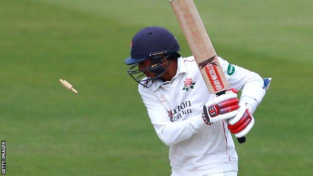 Haseeb Hameed is bowled out playing for Lancashire against Northants last month.