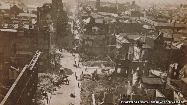 An aerial view of Dublin's Henry St, looking westward from Nelson's Pillar