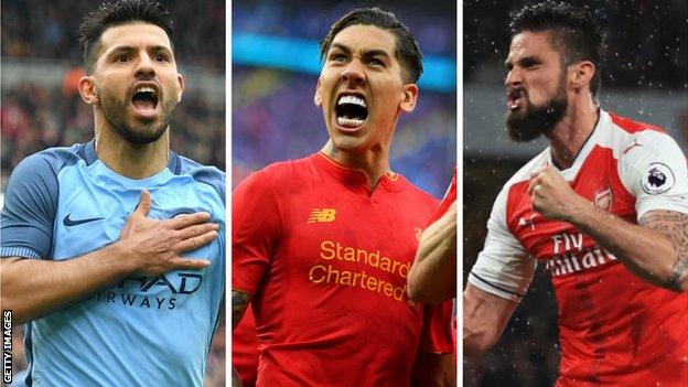 Manchester City's Sergio Aguero, Liverpool's Roberto Firmino and Arsenal's Olivier Giroud