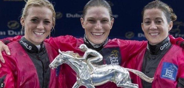 Northern Irish rider Sammy Jo-Bell with Canada's Emma-Jayne Wilson and English rider Hayley Turner