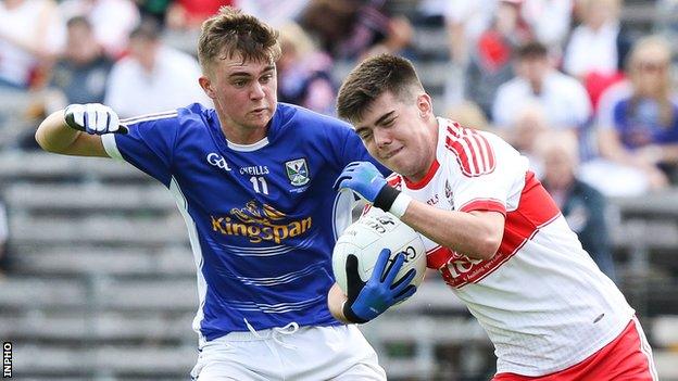 Cian Madden and Simon McErlain in action during Sunday's Ulster minor final at Clones