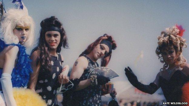 Four fabulous drag queens in Preston Park in 1997