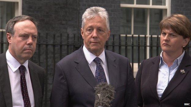 DUP trio Nigel Dodds, Peter Robinson and Arlene Foster at Downing Street