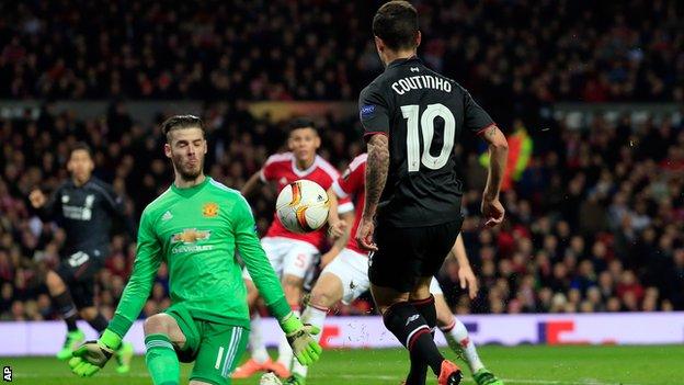 Philippe Coutinho scores against Manchester United