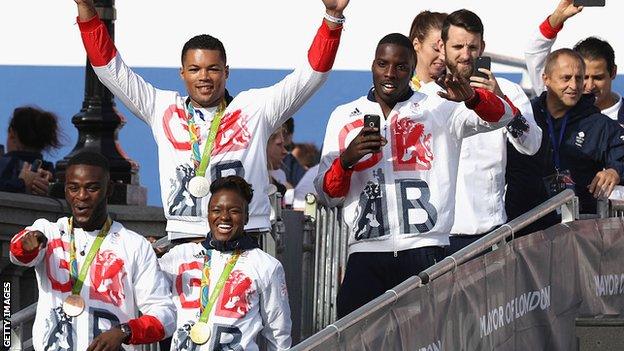 Okolie (right of centre) turned pro after the Rio Olympics, as did Joe Joyce, Joshua Buatsi and Nicola Adams (all pictured)