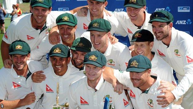 Australia cricket team celebrate defeating New Zealand in the second test match at Hagley Park Oval in Christchurch, New Zealand